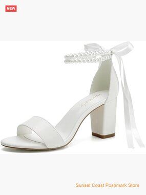 Pearl Bridal Block Heel Sandals Chunky Heeled Open Toe Wedding Shoes
